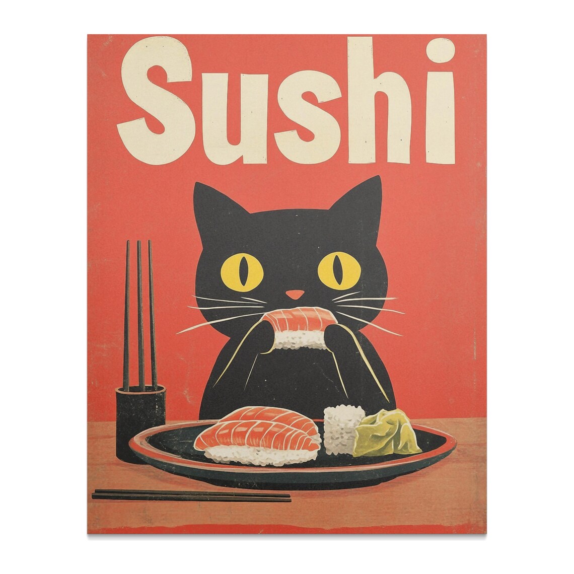 Sushi Text Black Cat Eating Nigiri Retro Red Japanese Food Poster - Image 2