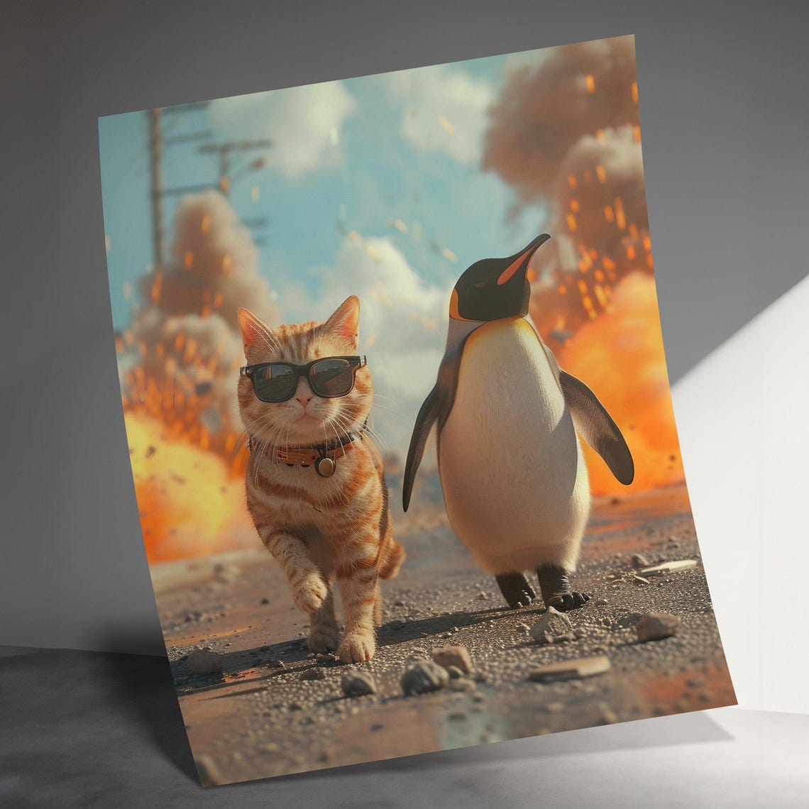 Cool Cat in Sunglasses and Penguin Walking From Explosion Poster - Image 3