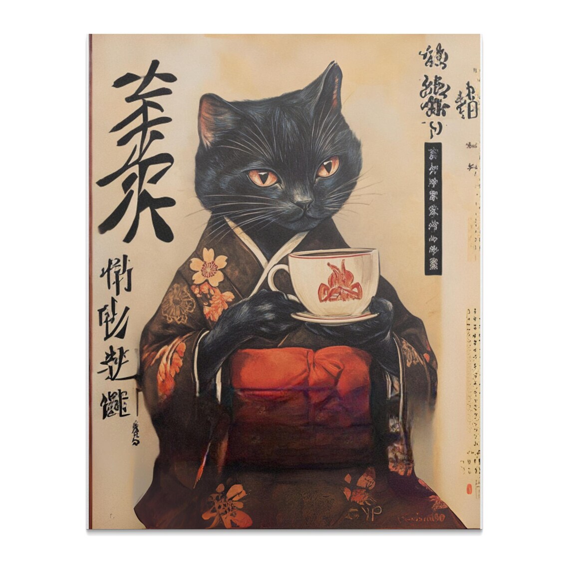 Elegant Black Cat In Kimono Holding Tea Cup Vintage Japanese Art Poster - Image 2