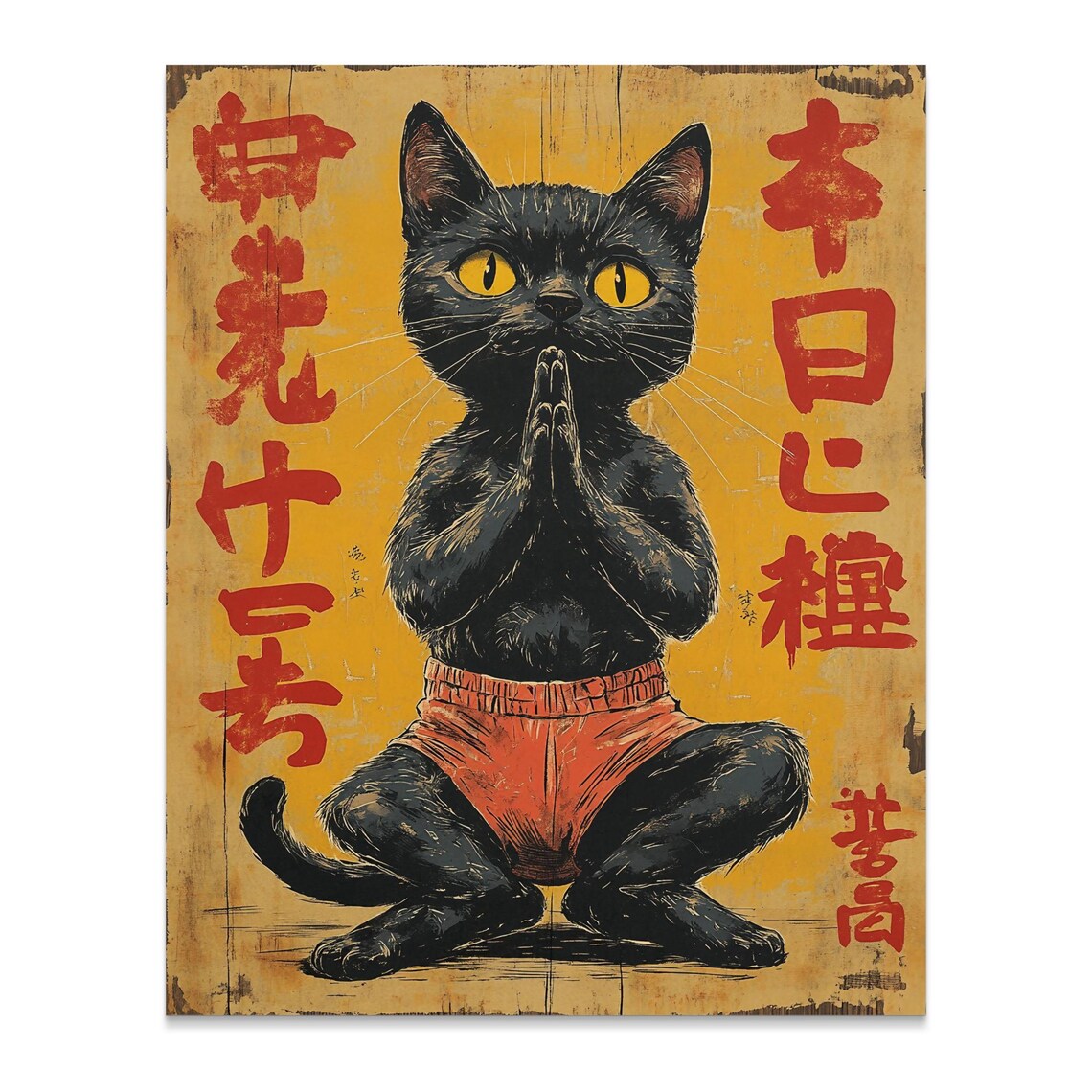 Meditating Black Cat Lotus Pose Red Shorts Vintage Japanese Zen Art Poster - Image 3