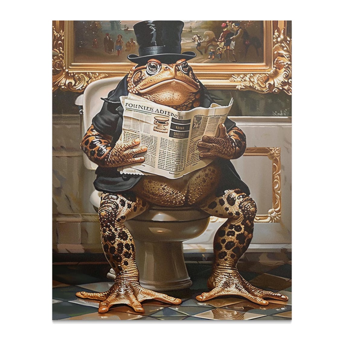 Gentleman Toad Reading Newspaper Toilet Top Hat Funny Art Poster