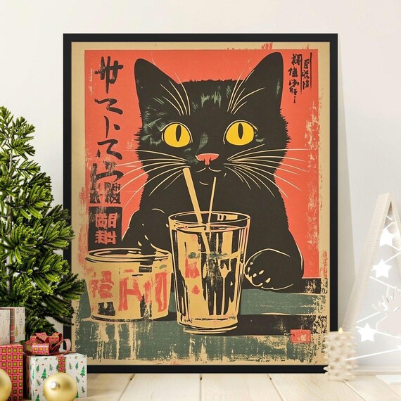 Black Cat Drinking Beer Retro Japanese Vintage Bar Art Poster