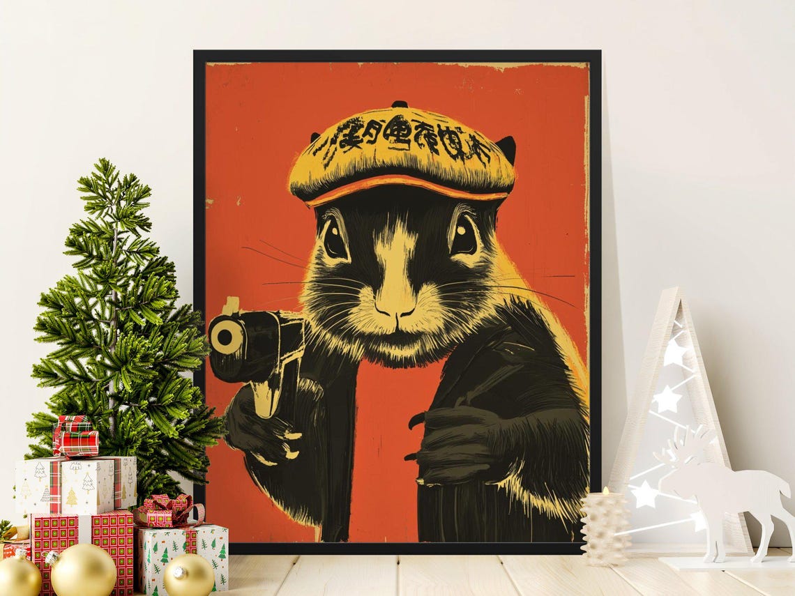 Squirrel In Flat Cap Holding Gun Retro Gangster Style Art Poster