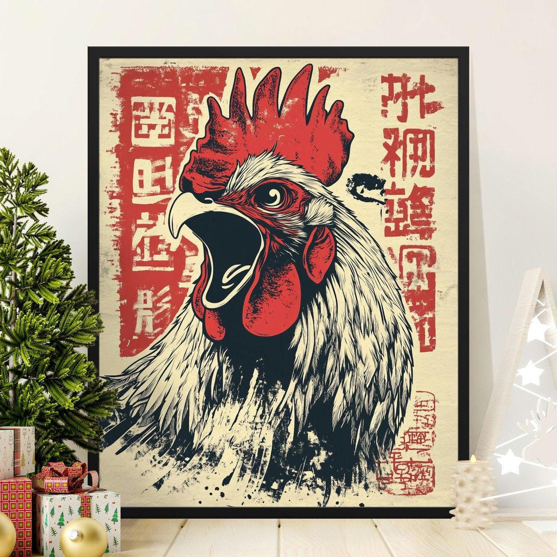 Bold Rooster Crow Portrait Vintage Japanese Red Typography Art Poster