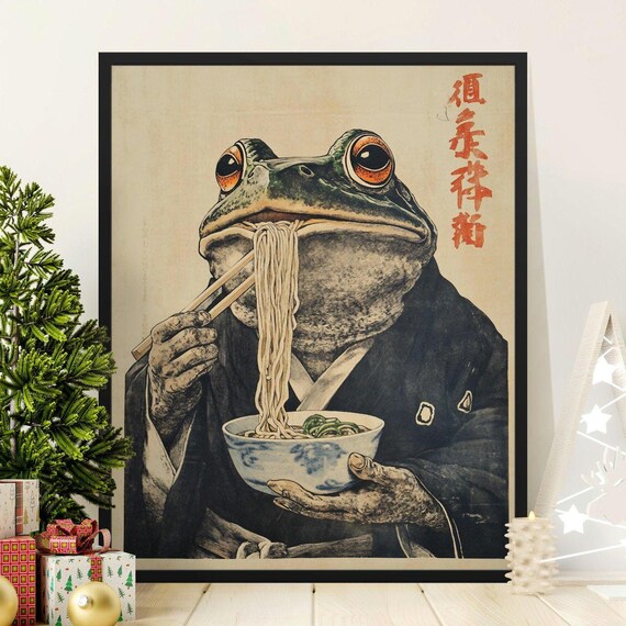 Vintage Frog In Kimono Eating Noodles Retro Japanese Ramen Art Poster