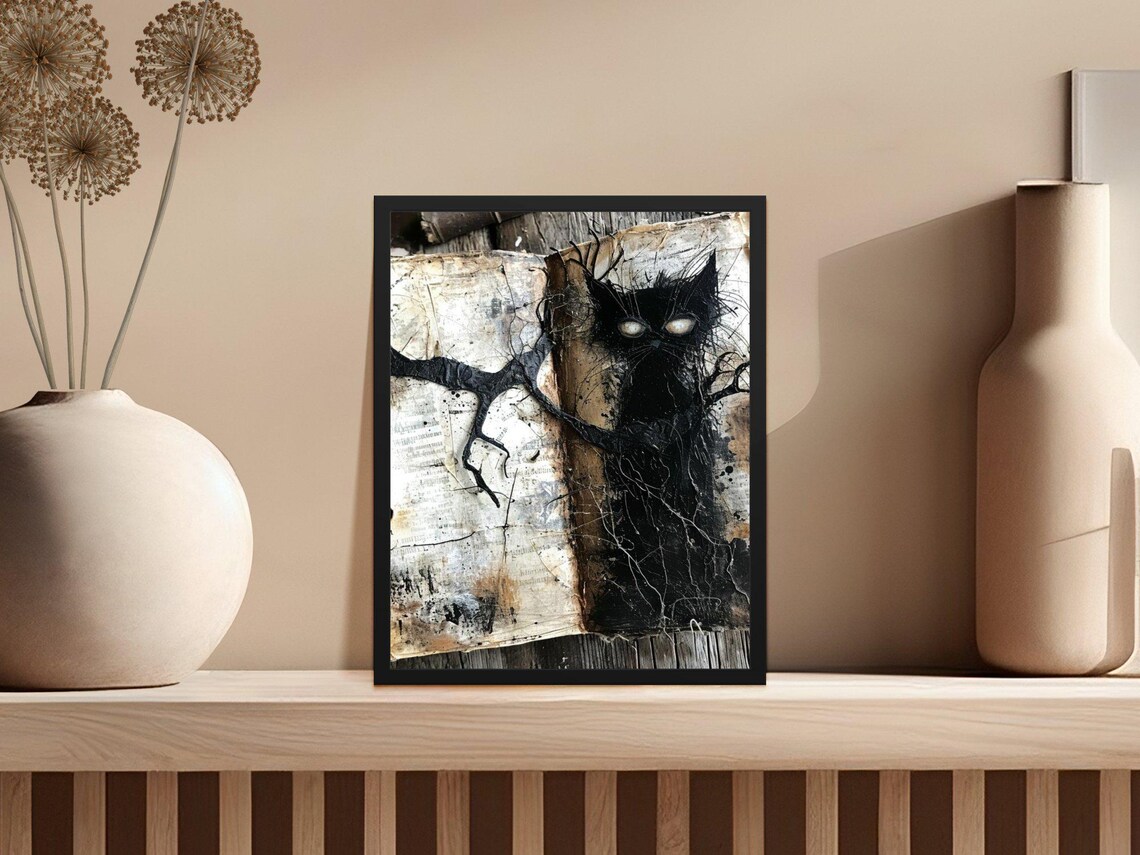 Creepy Black Cat on Aged Book Pages Gothic Mixed Media Art Print - Image 3