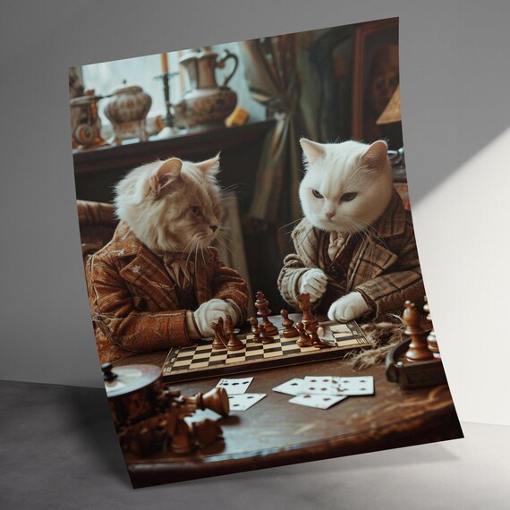 Victorian Cats In Tweed Coats Playing Chess Gentlemen Game Poster