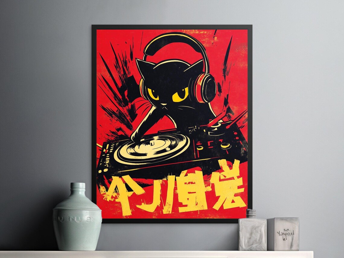 DJ Cat Spinning Turntables Headphones Red Retro Music Party Night Poster