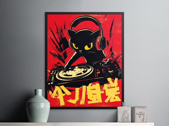 DJ Cat Spinning Turntables Headphones Red Retro Music Party Night Poster