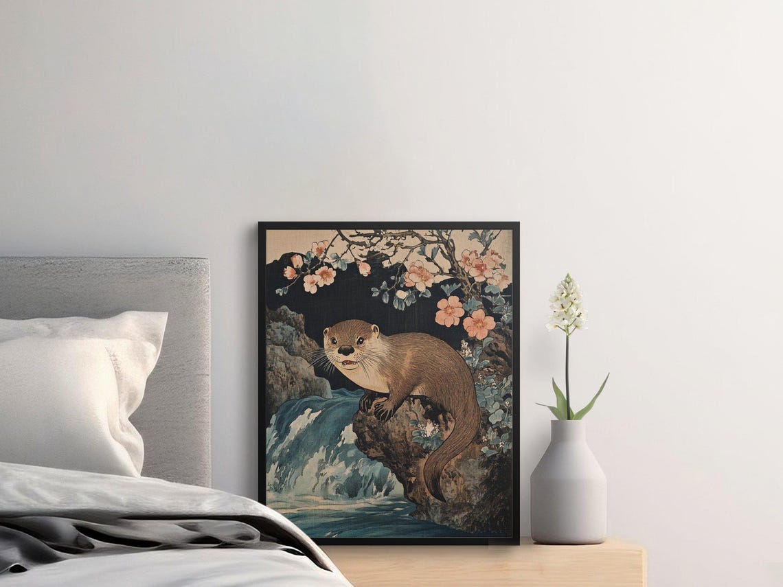 Japanese Ukiyo-e Style Otter With Cherry Blossoms Nature Poster - Image 2