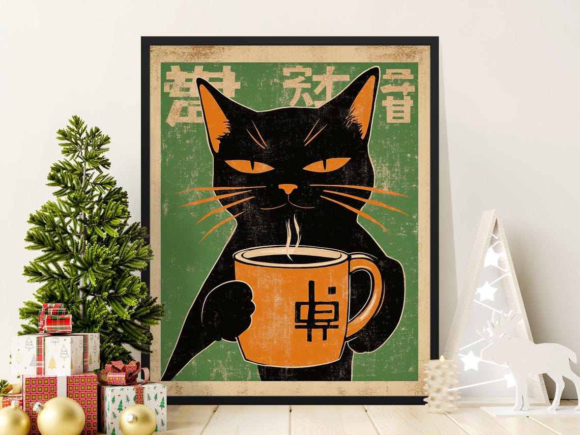 Black Cat Drinking Coffee Vintage Japanese Retro Style Green Poster - Image 2