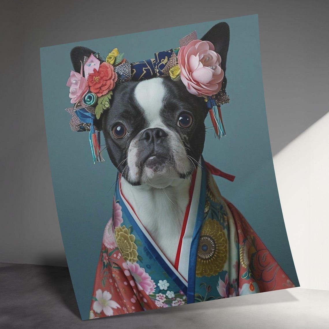 Adorable Japanese Geisha Boston Terrier Dog Wall Art Cute Dog In Kimono Poster Unique Animal Portrait Dog Lover Gift Fun Home Decor Print - Image 3