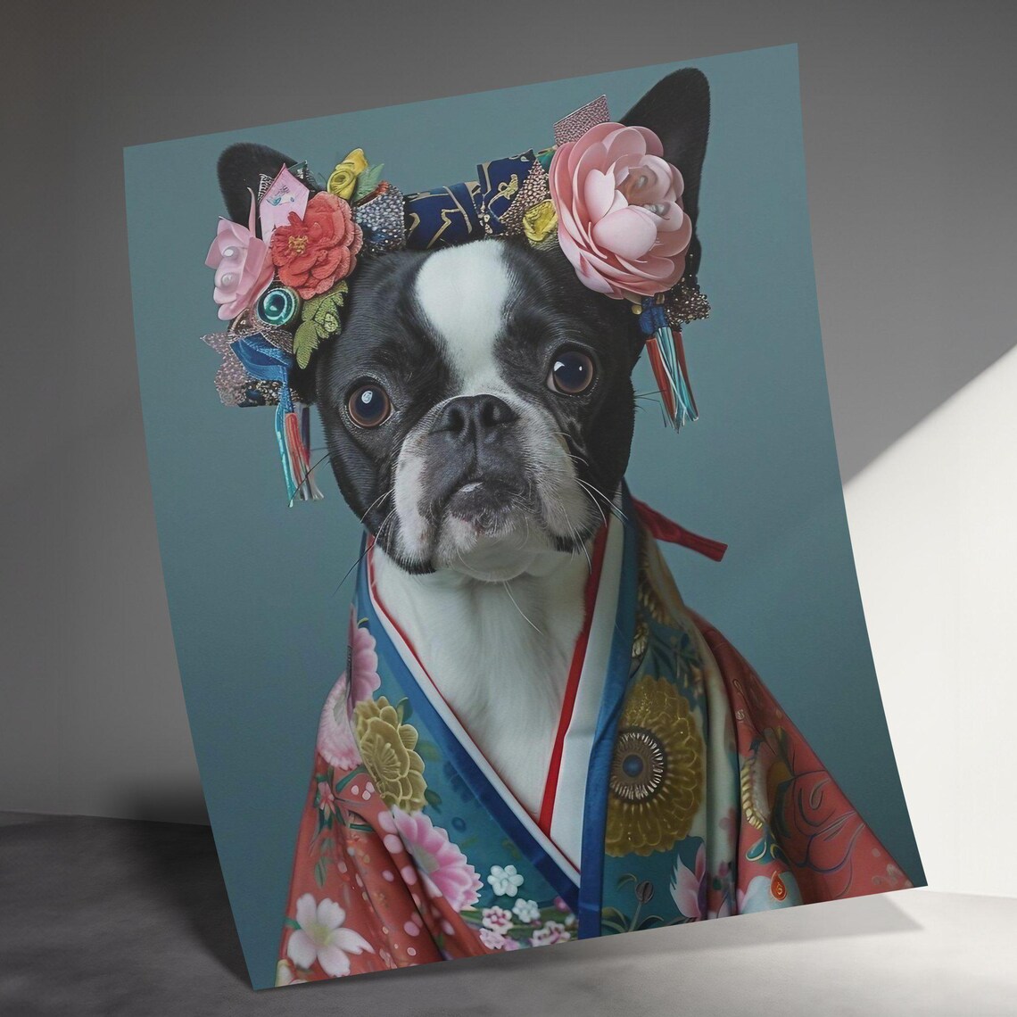 Boston Terrier Dog In Kimono Floral Headdress Japanese Poster - Image 3