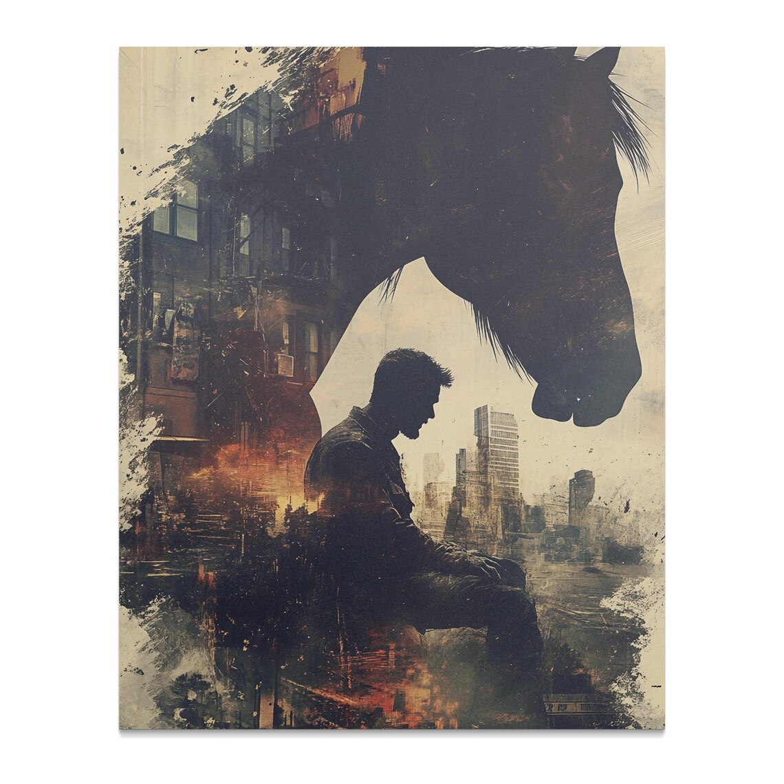Horse And Cowboy Double Exposure City Sunset Moody Western Art Poster - Image 2