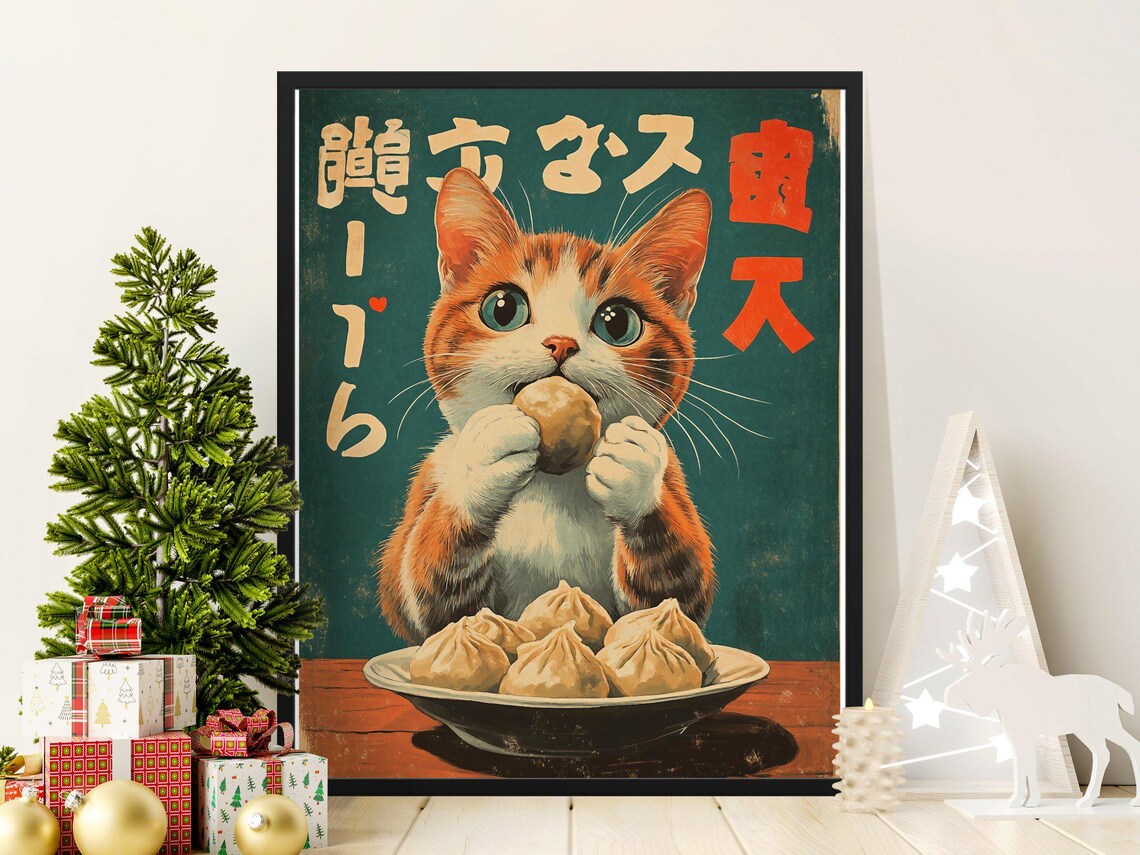 Cute Orange Tabby Kitten Eating Dumpling Retro Japanese Food Art Poster
