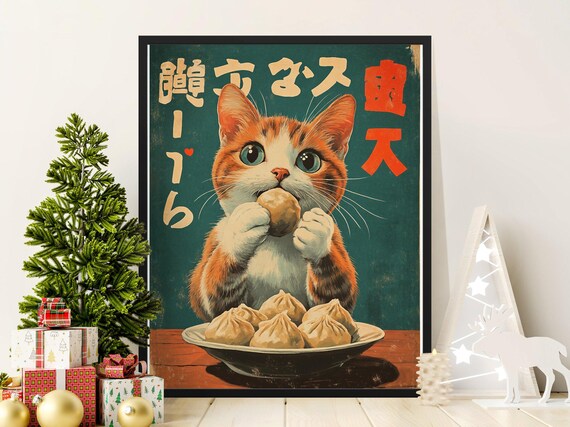 Cute Orange Tabby Kitten Eating Dumpling Retro Japanese Food Art Poster