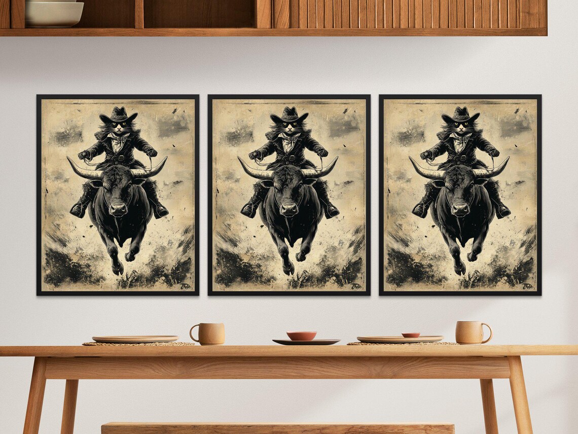 Cowboy Cat Riding Charging Longhorn Bull Black White Vintage Ink Poster - Image 2