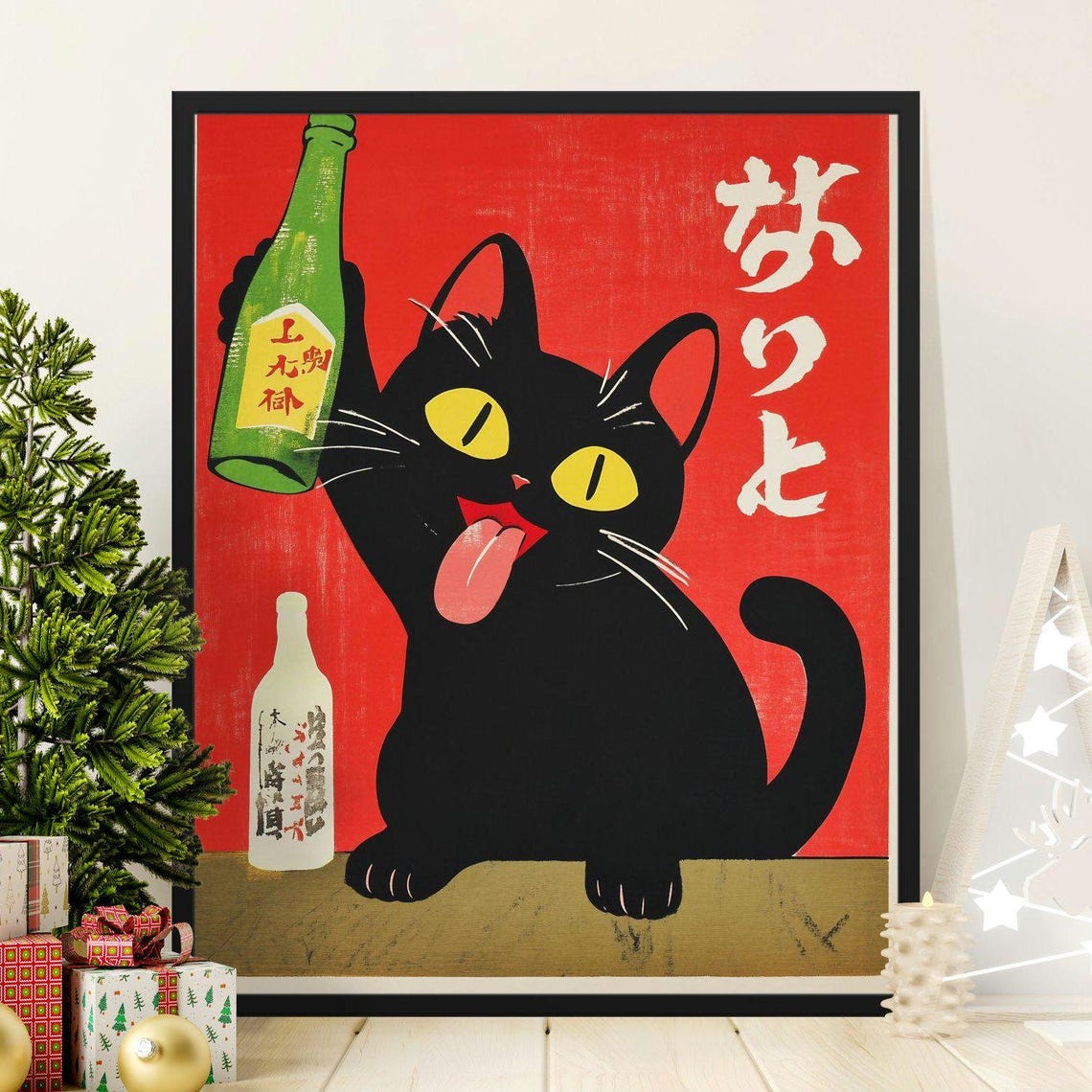 Tipsy Black Cat With Green Sake Bottle Red Retro Japanese Art Poster