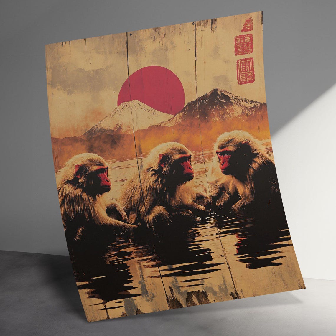 Snow Monkeys Hot Spring Red Sun Mount Fuji Vintage Japanese Poster - Image 3
