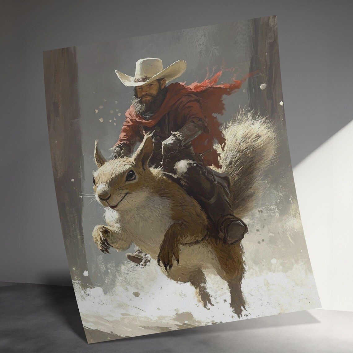 Cowboy Riding Giant Squirrel Snowy Western Fantasy Adventure Art Poster - Image 3