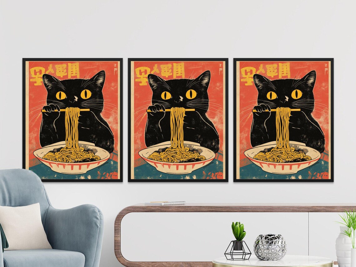 Vintage Cat Eating Ramen, Retro Japanese Poster Print - Image 2