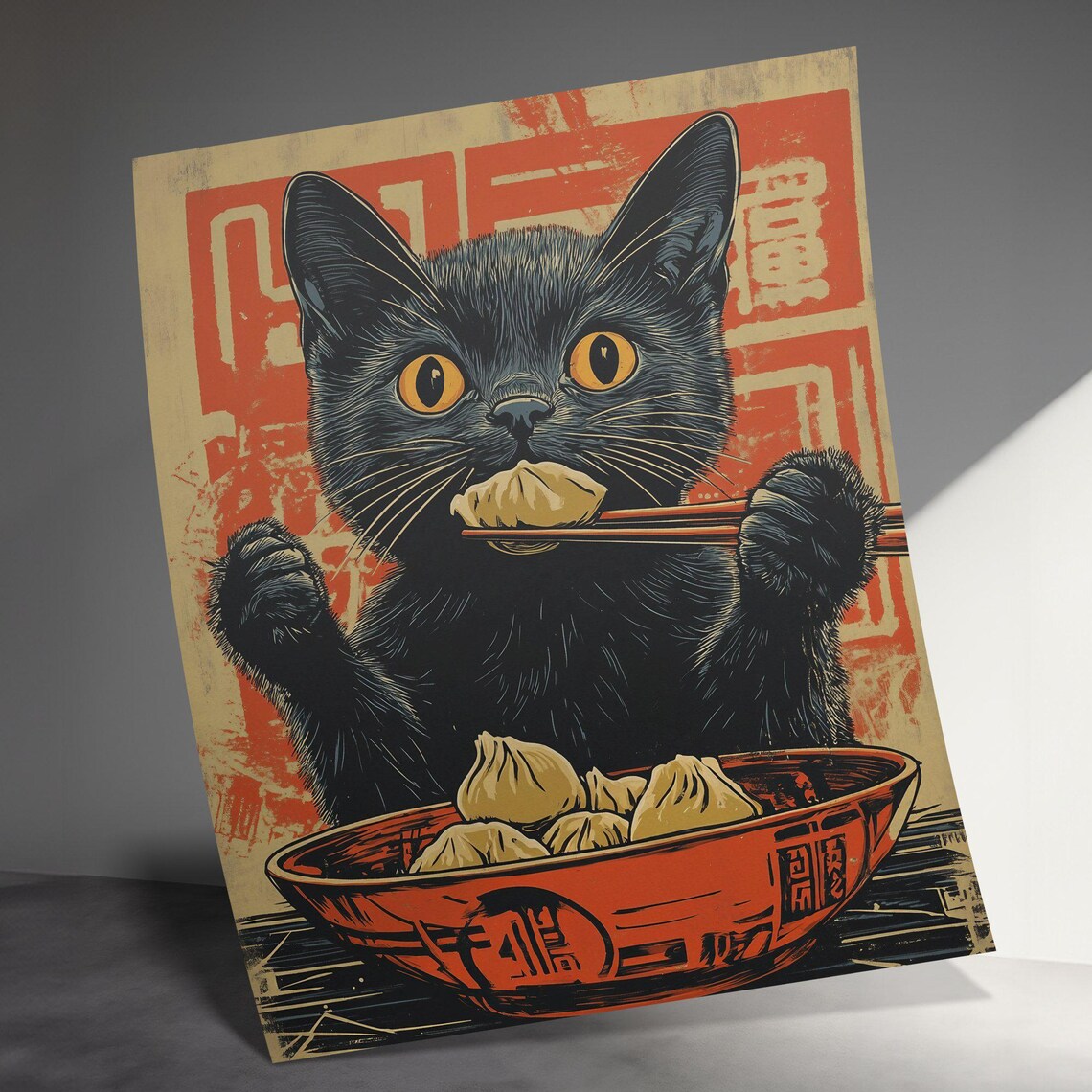Black Cat Eating Dumplings With Chopsticks Retro Japanese Cat Poster - Image 3