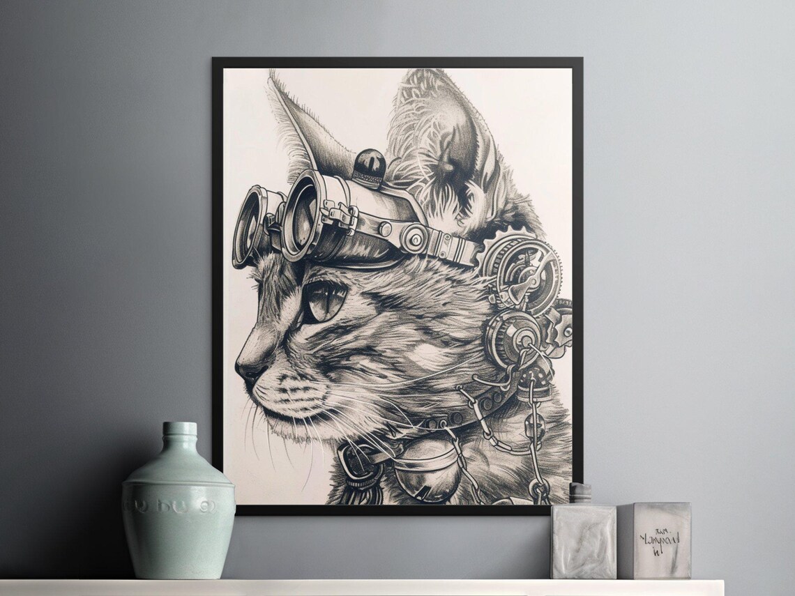 Steampunk Cat With Goggles Gears Mechanical Pencil Sketch Art Poster - Image 2