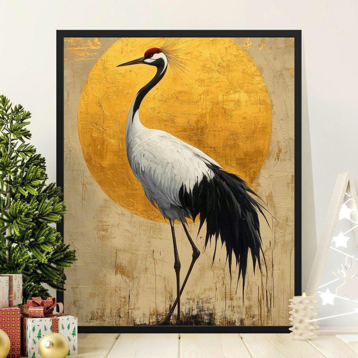 Graceful Red Crowned Crane Gold Sun Circle Minimalist Wall Art Poster