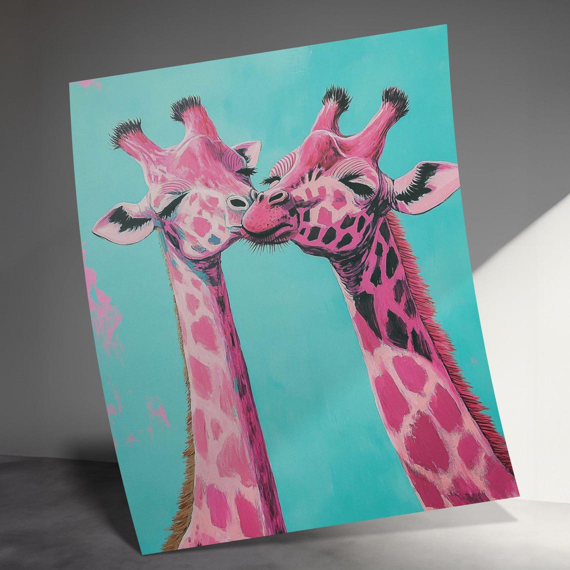Pink Giraffes Kissing Whimsical Teal Nursery Wildlife Wall Art - Image 3