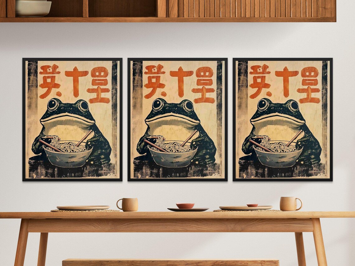 Vintage Black Frog Eating Noodles Retro Japanese Ramen Kitchen Art Poster - Image 2