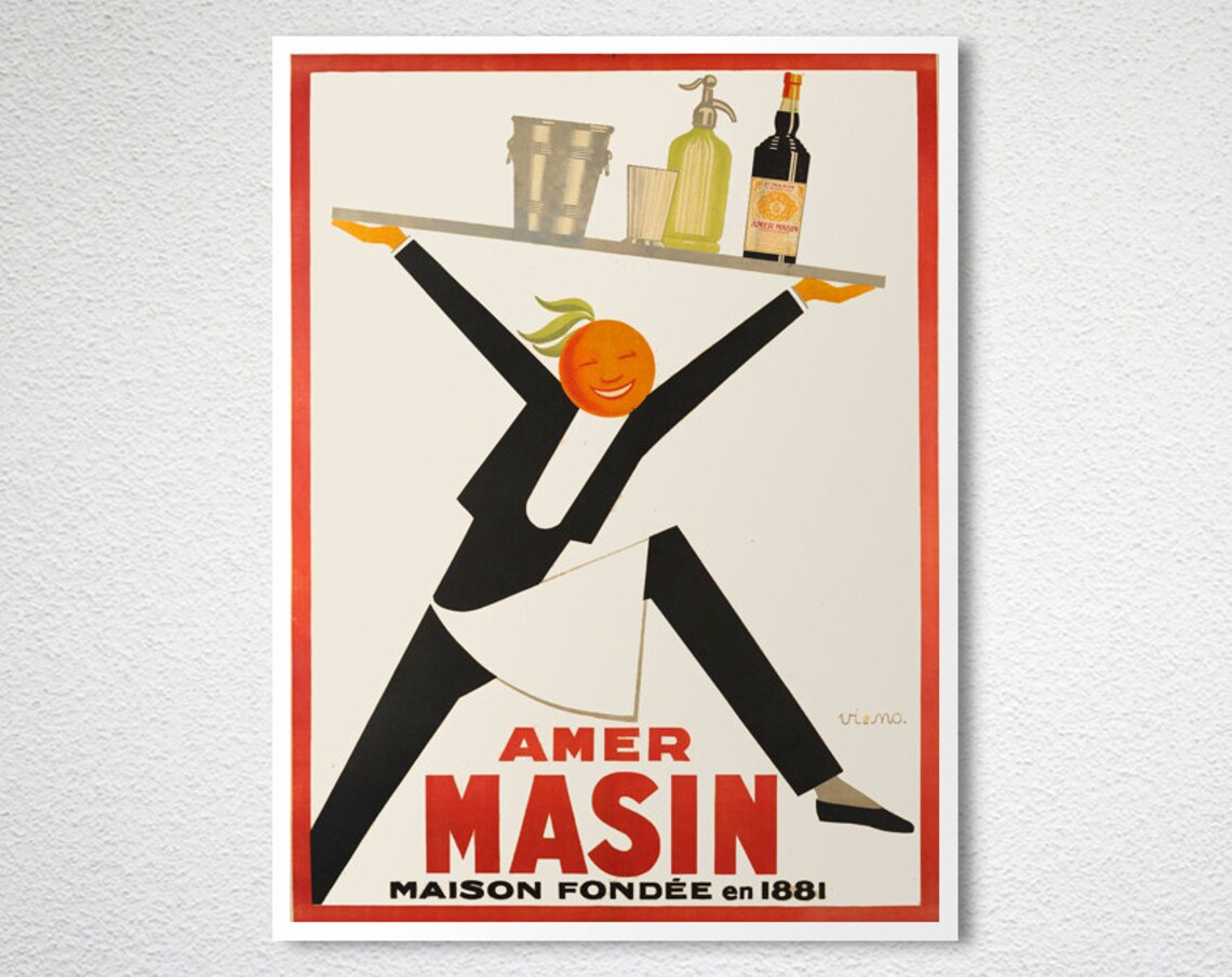 Amer Masin French Vintage Advertising Poster Orange Waiter Art - Image 2