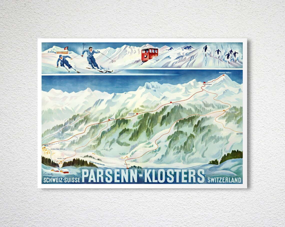 Parsenn Klosters Switzerland Vintage Ski Travel Poster - Image 2