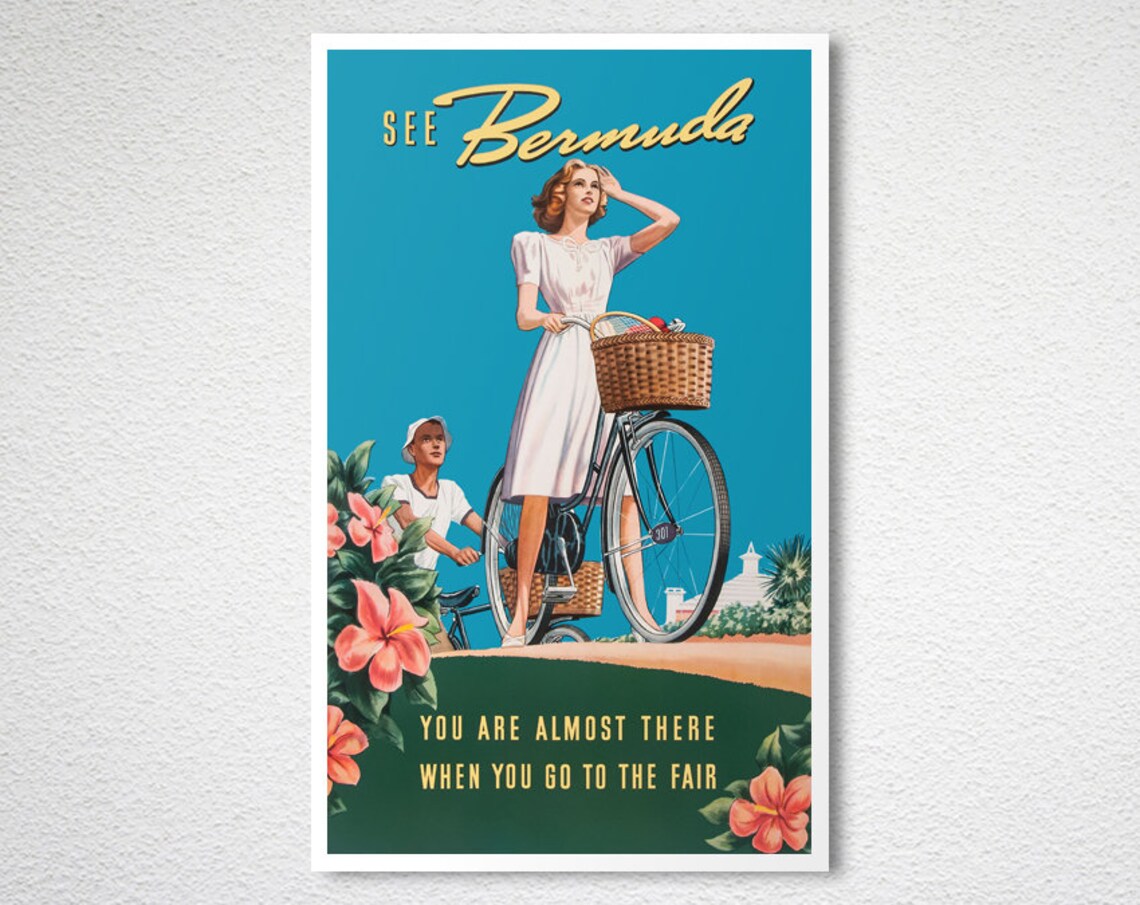 See Bermuda Vintage Island Travel Poster Bicycle Hibiscus Fair Ad - Image 2