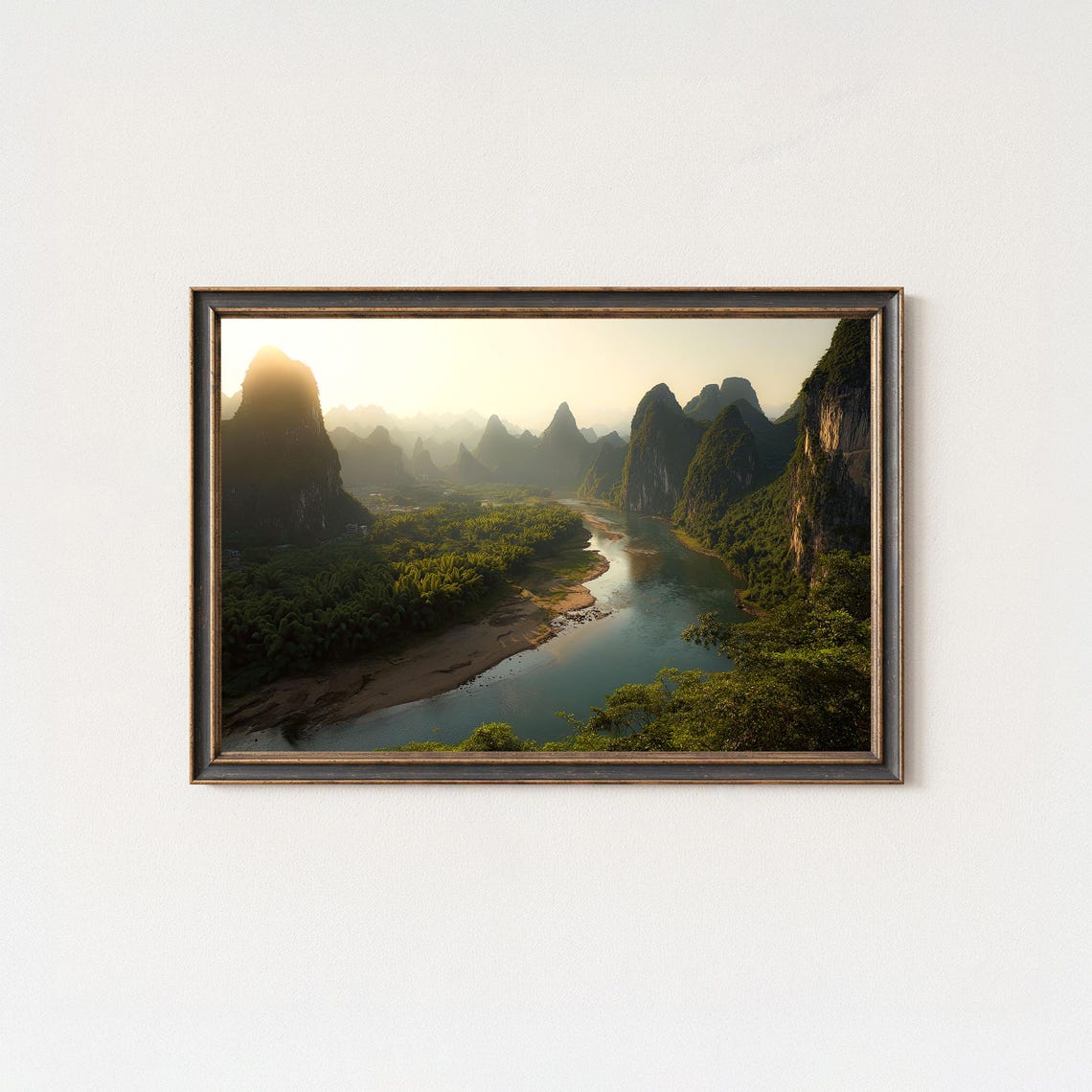Guilin Karst River Sunrise Golden Light Mountain Scene Poster