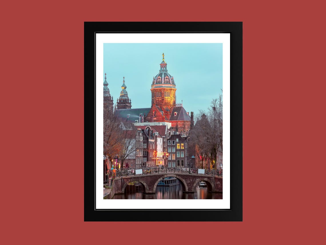 Amsterdam Canal Saint Nicholas Basilica Dusk Evening Art Poster