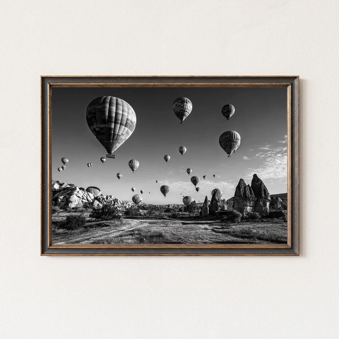 Cappadocia Hot Air Balloons Fairy Chimneys Black White Poster
