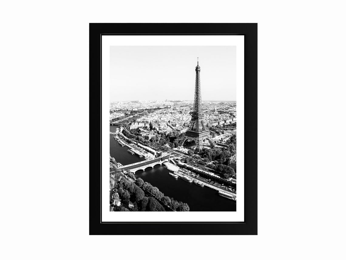 Eiffel Tower Aerial Seine River Black White Paris Photography Poster