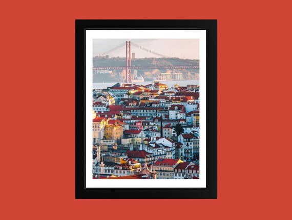 Lisbon Portugal Red Rooftops And 25 De Abril Bridge Cityscape Poster
