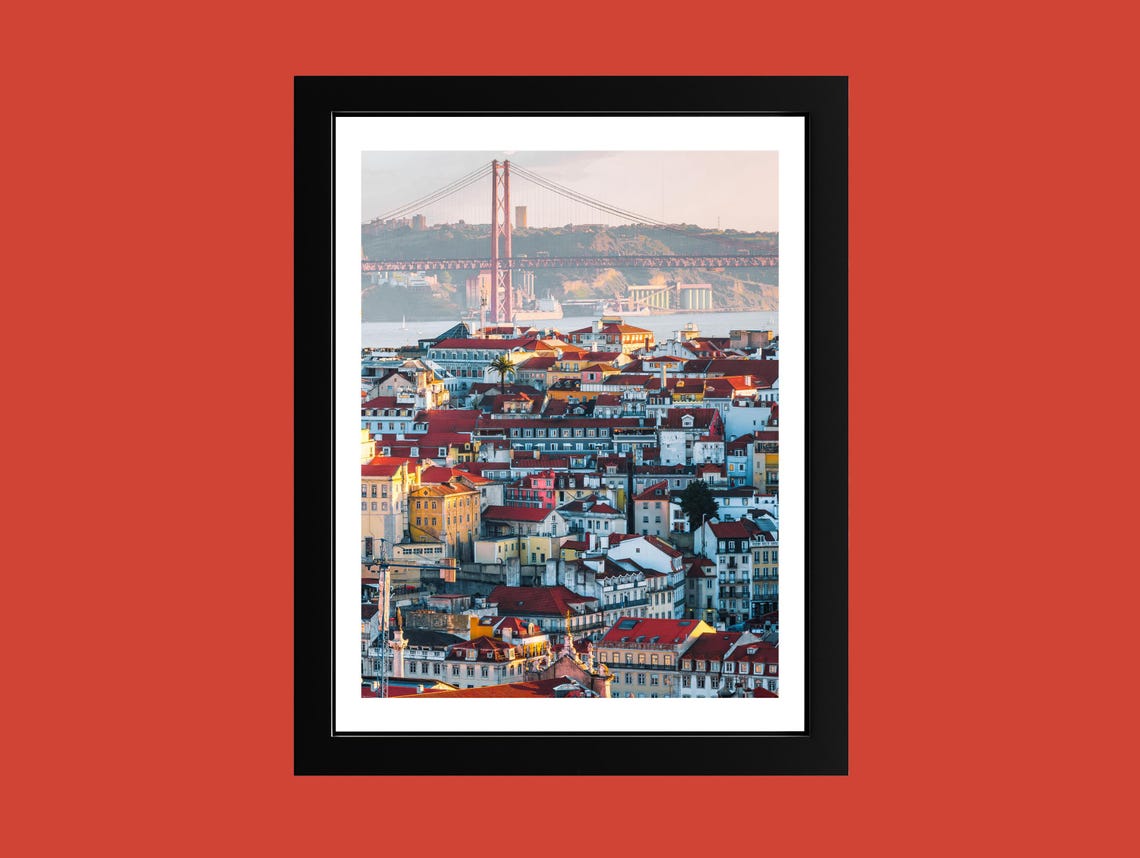 Lisbon Portugal Red Rooftops And 25 De Abril Bridge Cityscape Poster