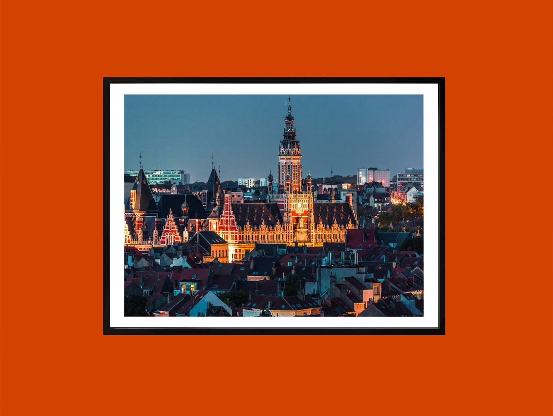 Illuminated Historic European City Night Skyline Photography Print