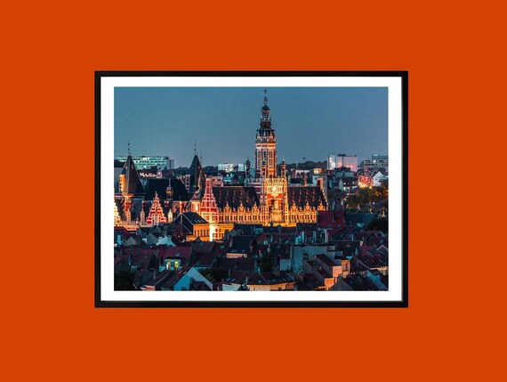 Illuminated Historic European City Night Skyline Photography Print