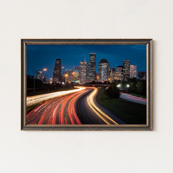 Houston Night Skyline Light Trails Wall Art