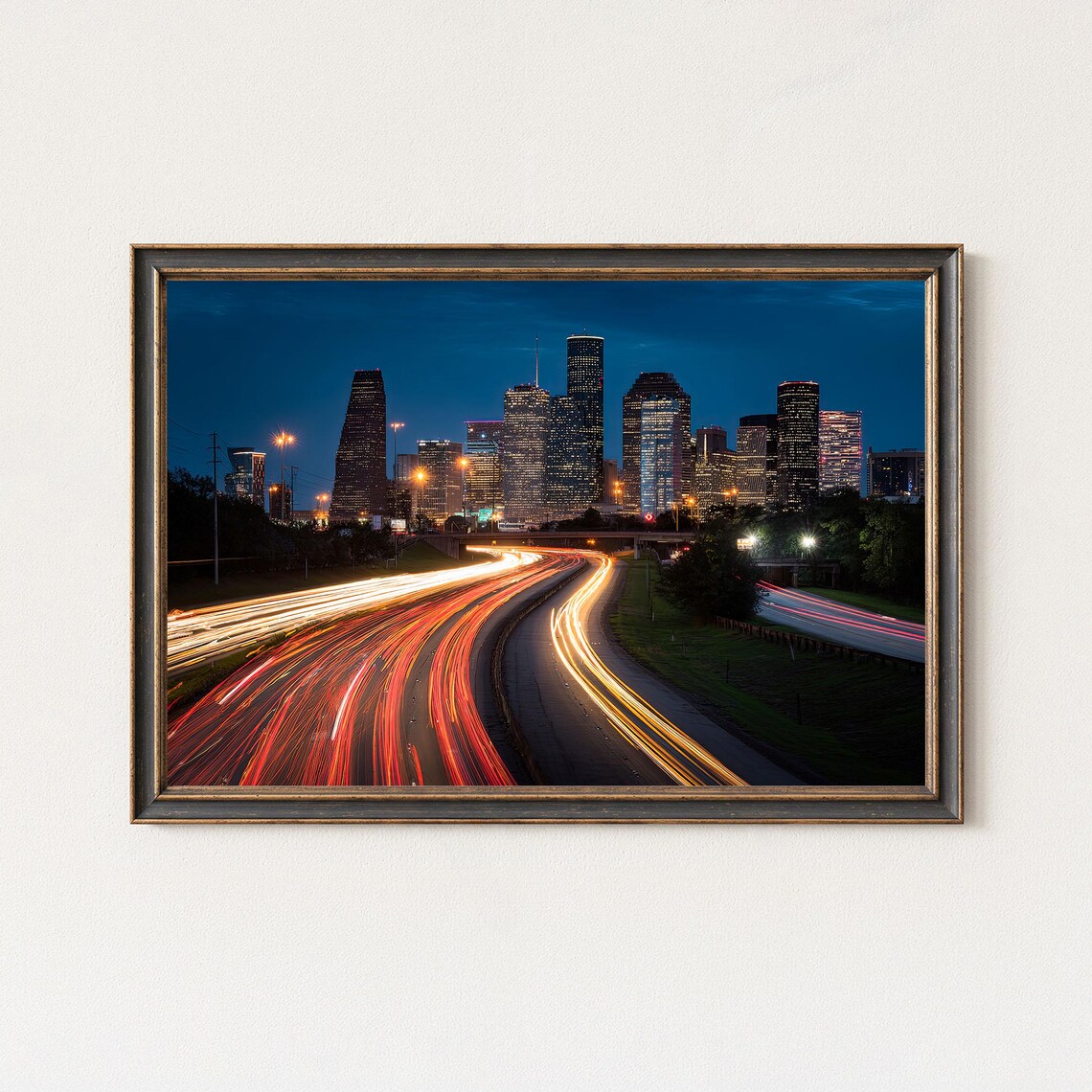 Houston Night Skyline Light Trails Wall Art
