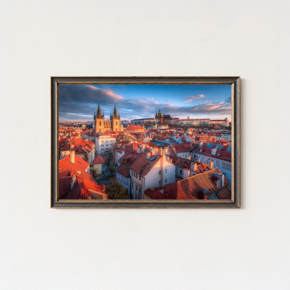 Prague Sunset Print Old Town Rooftops Castle Skyline Art