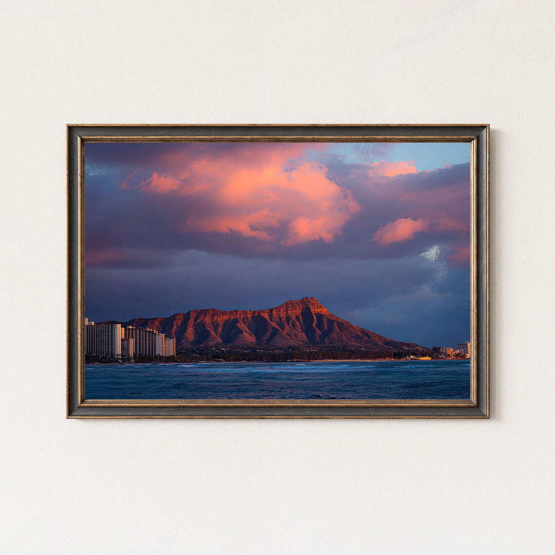 Diamond Head Waikiki Sunset Over the Ocean Purple Sky Hawaii Photo Poster