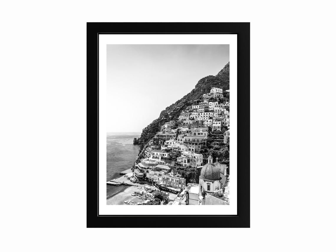 Positano Amalfi Coast Cliffside Village Black White Photography Poster