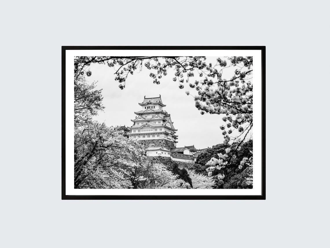 Himeji Castle Cherry Blossom Black White Japan Photography Poster