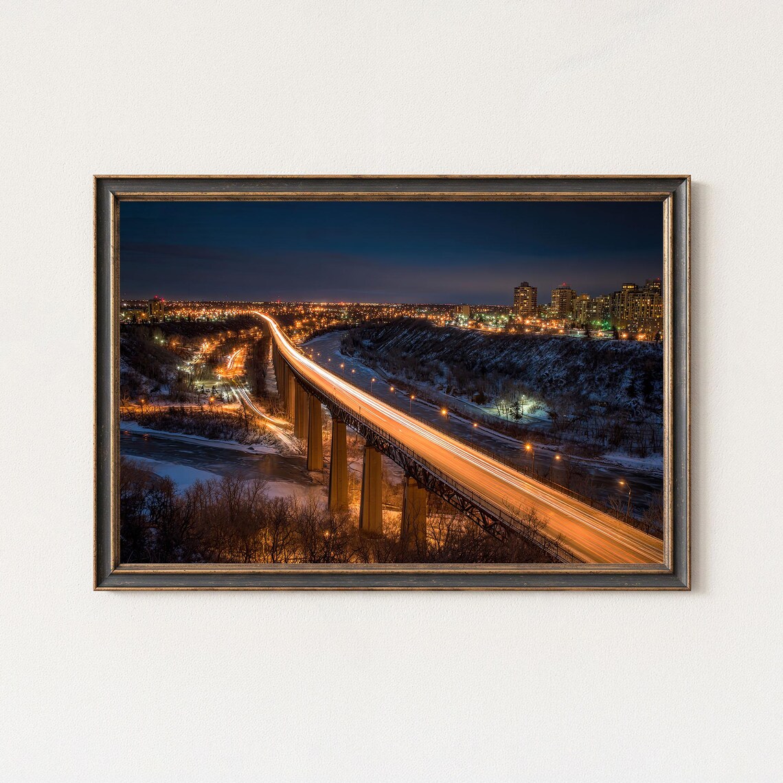 Edmonton Night Bridge Light Trails Winter Panorama Photo Poster
