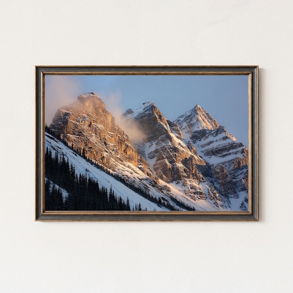 Golden Snowy Mountain Peaks Sunrise Light Pines Alpine Framed Wall Art
