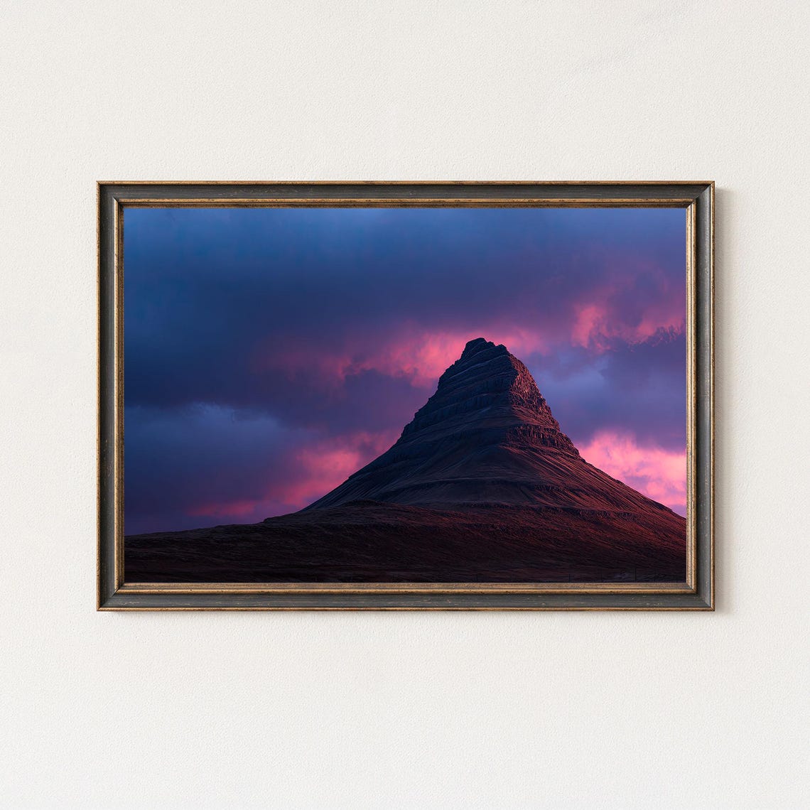 Kirkjufell Iceland Church Mountain at Dramatic Purple Sunset Poster